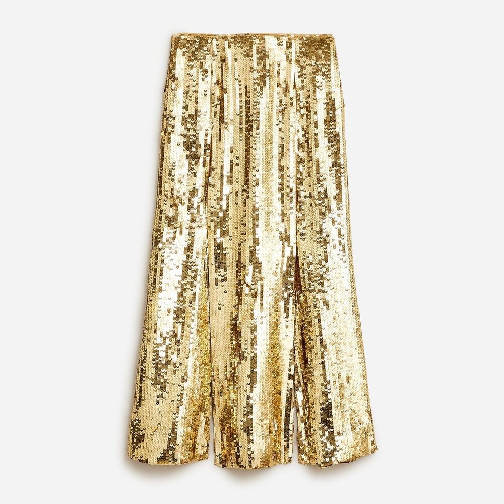 NWT J.Crew Collection Sequin Slip Midi in Light Khaki Gold Slit Hem Skirt 6